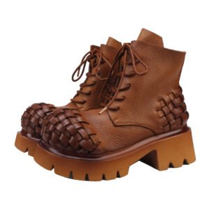 Luxury Women’s Short Woven Boots – Genuine Cowhide Leather